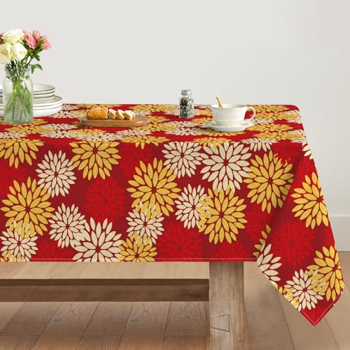 Artoid Mode Blumen Rot Gold Dahlien Herbst Tischdecke 140x110 cm, Saisonnal Fall Fleckschutz Tischwäsche Küche Dekoration Urlaub Party Dekor von Artoid Mode