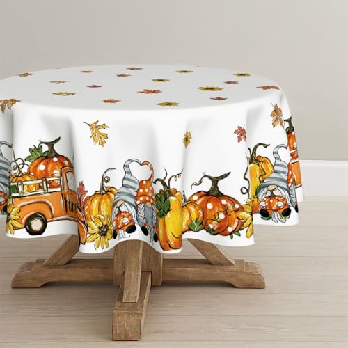 Artoid Mode Kürbisse Blätter Lastkraftwagen GNOME Herbst Tischdecke Rund 120 cm, Fall Fleckschutz Tischwäsche Küche Dekoration Urlaub Party Dekor von Artoid Mode