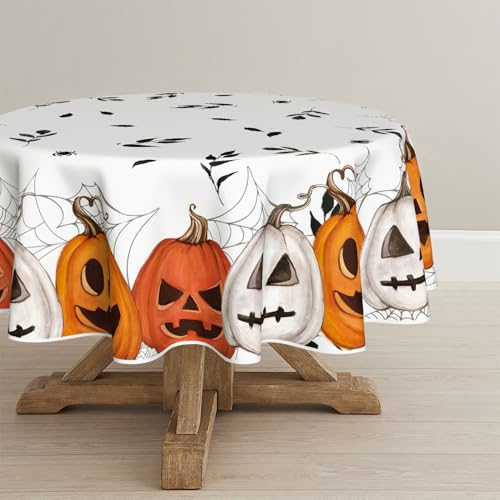 Artoid Mode Spinnennetz Blätter Jack-o-Laterne Halloween Tischdecke Rund 140 cm, Spinnen Fleckschutz Tischwäsche Küche Dekoration Urlaub Dekor von Artoid Mode