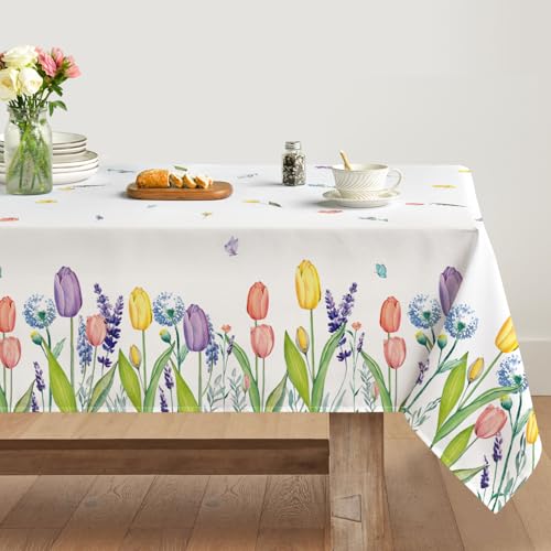 Artoid Mode Tulpe Lavendel Blumen Schmetterling Frühling Tischdecke 140x110 cm, Saisonnal Sommer Fleckschutz Tischwäsche Küche Dekoration Party Dekor von Artoid Mode