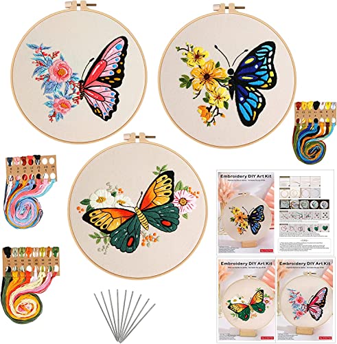 Artong 3-teiliges Schmetterlings-Stickerei-Set, Anfänger, Stickstich, Übungsset, Hand-Kreuzstich-Sets für Wanddekoration, Kinder und Erwachsene, Bastelstickerei-Starter-Set (Stil 1 – Schmetterling) von Artong