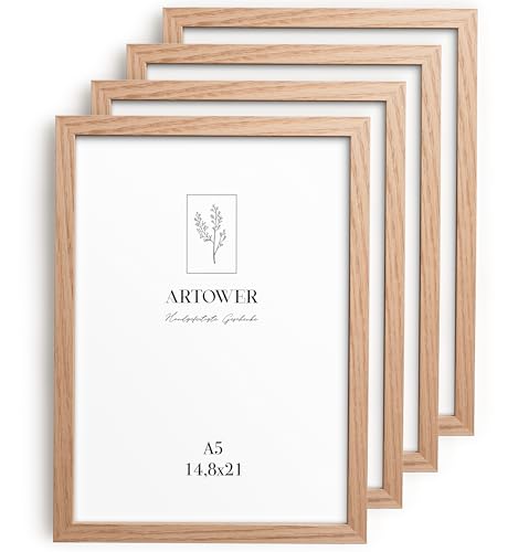 Artower® 4x Bilderrahmen für DIN A5 15 x 21 cm Natur Holz Eiche Dünner Rahmen | 4er Set Posterrahmen Klein | Picture Frame Oak Wood 14,8 x 21cm | Holzrahmen Holz-Bilderrahmen | Holzbilderrahmen Poster von Artower