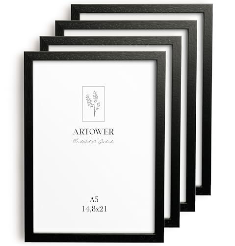 Artower® 4x Bilderrahmen für DIN A5 15 x 21 cm Schwarz Holz Dünner Rahmen | 4er Set Posterrahmen Klein | Picture Frame Black Wood 14,8 x 21cm | Holzrahmen Holz-Bilderrahmen | Holzbilderrahmen Poster von Artower