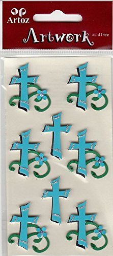 Artoz Artwork 3D Motiv-Sticker 185550-77,"Kreuz türkis mit Ranken, Hintergrund-Kreuz aus Spiegelkarton Silber, mit Blüte und Glitter verziert von Artoz Artwork