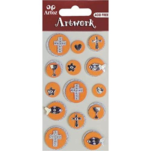 Artoz Artwork 3D Motiv-Sticker 185550-90,"Bubbles orange, christliche Symbole (Kreuz, Fisch (Ichtus), Kelch, Herz, Blume) Silber auf orange, mit Strass-Steinchen und Silber-Glitter verziert von Artoz Artwork