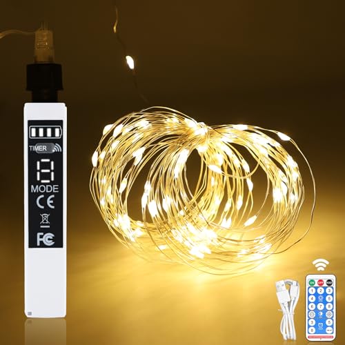 Artrastar Lichterkette Batterie 10M 100 LED USB Powerbank Draht Lichterkette Innen mit Fernbedienung Fairy Lights für Weihnachten, Schlafzimmer, Party, Hochzeit, Baumdekoration Warmweiß von Artrastar