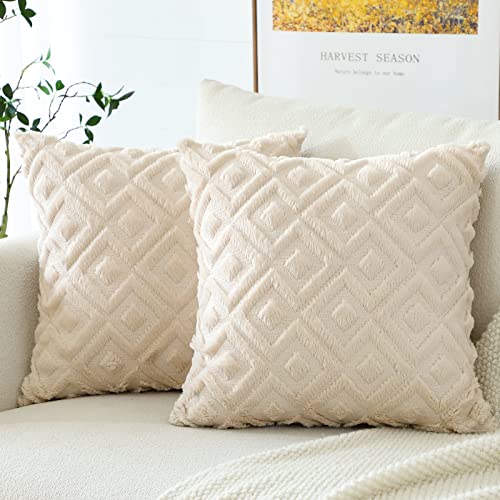 Artscope 2er Set Wolle Kissenbezüge Weicher Plüsch Kurzer Wollsamt Dekokissenbezuge Luxuriöses Sofakissen Boho Kissenhülle für Sofa Schlafzimmer Geometrische Creme Beige, 50x50cm von Artscope