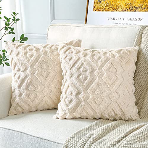 Artscope 2er Set Wolle Kissenbezüge Weicher Plüsch Kurzer Wollsamt Dekokissenbezuge Luxuriöses Sofakissen Europäische Kissenhülle für Sofa Schlafzimmer Geometrische Creme Beige, 65x65cm von Artscope