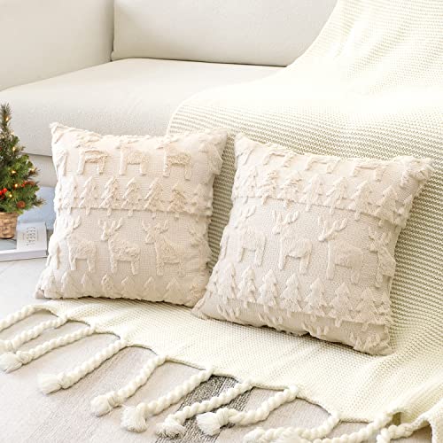 Artscope 2er Set Wolle Kissenbezüge Weicher Plüsch Kurzer Wollsamt Dekokissenbezuge Luxuriöses Sofakissen Europäische Kissenhülle für Sofa Schlafzimmer Weihnachtsbaum und Elch Creme Beige, 50x50cm von Artscope