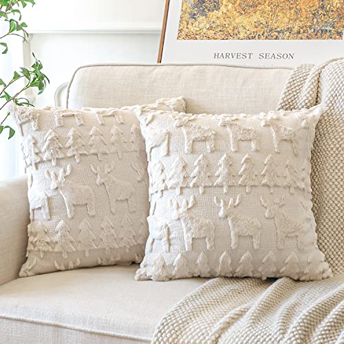 Artscope 2er Set Wolle Kissenbezüge Weicher Plüsch Kurzer Wollsamt Dekokissenbezuge Luxuriöses Sofakissen Europäische Kissenhülle für Sofa Schlafzimmer Weihnachtsbaum und Elch Creme Beige, 70x70cm von Artscope