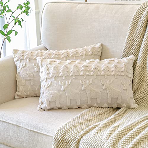 Artscope 2er Set Wolle Kissenbezüge Weicher Plüsch Kurzer Wollsamt Dekokissenbezuge Luxuriöses Sofakissen Europäische Kissenhülle für Sofa Schlafzimmer Weihnachtsbaum und Elch Creme Beige, 40x60cm von Artscope