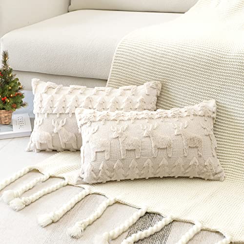 Artscope 2er Set Wolle Kissenbezüge Weicher Plüsch Kurzer Wollsamt Dekokissenbezuge Luxuriöses Sofakissen Europäische Kissenhülle für Sofa Schlafzimmer Weihnachtsbaum und Elch Creme Beige, 30x50cm von Artscope