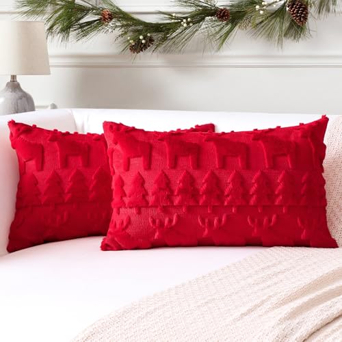 Artscope 2er Set Wolle Kissenbezüge Weicher Plüsch Kurzer Wollsamt Dekokissenbezuge Luxuriöses Sofakissen Europäische Kissenhülle für Sofa Schlafzimmer Weihnachtsbaum und Elch Rot, 30x50cm von Artscope