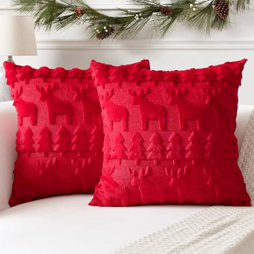 Artscope 2er Set Wolle Kissenbezüge Weicher Plüsch Kurzer Wollsamt Dekokissenbezuge Luxuriöses Sofakissen Europäische Kissenhülle für Sofa Schlafzimmer Weihnachtsbaum und Elch Rot, 35x35cm von Artscope