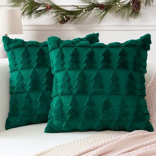 Artscope 2er Set Wolle Kissenbezüge Weicher Plüsch Kurzer Wollsamt Dekokissenbezuge Sofakissen Europäische Kissenhülle für Sofa Schlafzimmer Weihnachtsbaum Grün, 30x30cm von Artscope