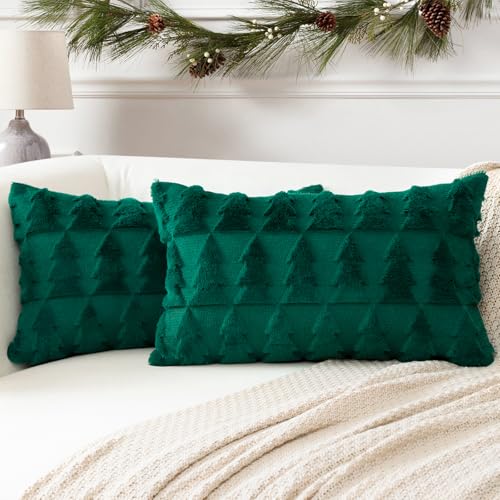 Artscope 2er Set Wolle Kissenbezüge Weicher Plüsch Kurzer Wollsamt Dekokissenbezuge Sofakissen Europäische Kissenhülle für Sofa Schlafzimmer Weihnachtsbaum Grün, 30x50cm von Artscope