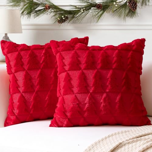 Artscope 2er Set Wolle Kissenbezüge Weicher Plüsch Kurzer Wollsamt Dekokissenbezuge Sofakissen Europäische Kissenhülle für Sofa Schlafzimmer Weihnachtsbaum Rot, 30x30cm von Artscope