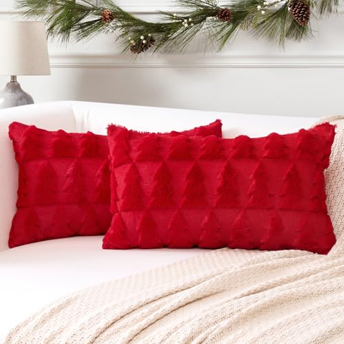 Artscope 2er Set Wolle Kissenbezüge Weicher Plüsch Kurzer Wollsamt Dekokissenbezuge Sofakissen Europäische Kissenhülle für Sofa Schlafzimmer Weihnachtsbaum Rot, 40x60cm von Artscope