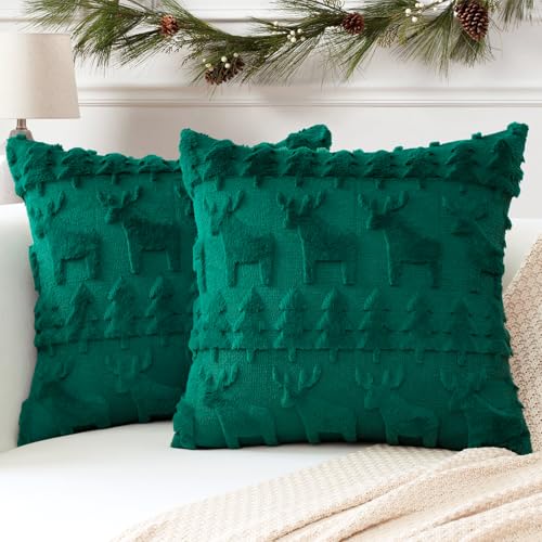 Artscope 2er Set Wolle Kissenbezüge Weicher Plüsch Kurzer Wollsamt Dekokissenbezuge Sofakissen Europäische Kissenhülle für Sofa Schlafzimmer Weihnachtsbaum und Elch Grün, 30x30cm von Artscope