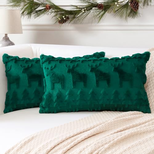 Artscope 2er Set Wolle Kissenbezüge Weicher Plüsch Kurzer Wollsamt Dekokissenbezuge Sofakissen Europäische Kissenhülle für Sofa Schlafzimmer Weihnachtsbaum und Elch Grün, 30x50cm von Artscope