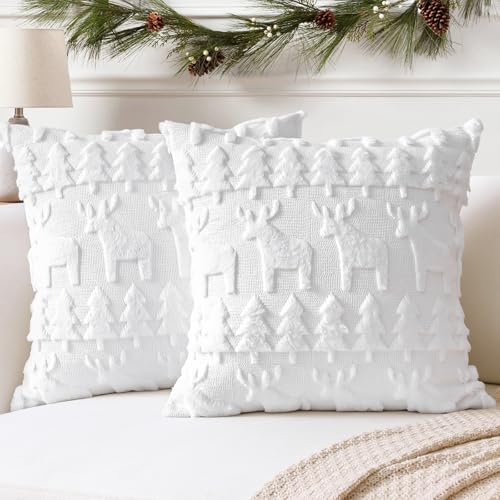 Artscope 2er Set Wolle Kissenbezüge Weicher Plüsch Kurzer Wollsamt Dekokissenbezuge Sofakissen Europäische Kissenhülle für Sofa Schlafzimmer Weihnachtsbaum und Elch Weiß, 35x35cm von Artscope