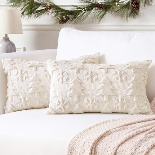 Artscope 2er Set Wolle Kissenbezüge Weicher Plüsch Kurzer Wollsamt Dekokissenbezuge Sofakissen Europäische Kissenhülle für Sofa Schlafzimmer Weihnachtsbaum und Schneeflocke Beige, 40x60cm von Artscope