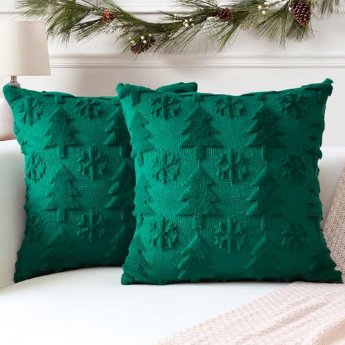 Artscope 2er Set Wolle Kissenbezüge Weicher Plüsch Kurzer Wollsamt Dekokissenbezuge Sofakissen Europäische Kissenhülle für Sofa Schlafzimmer Weihnachtsbaum und Schneeflocke Grün, 40x40cm von Artscope