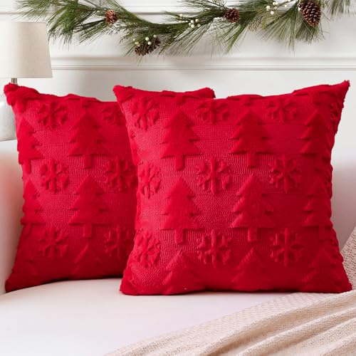 Artscope 2er Set Wolle Kissenbezüge Weicher Plüsch Kurzer Wollsamt Dekokissenbezuge Sofakissen Europäische Kissenhülle für Sofa Schlafzimmer Weihnachtsbaum und Schneeflocke Rot, 30x30cm von Artscope