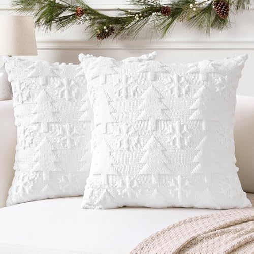 Artscope 2er Set Wolle Kissenbezüge Weicher Plüsch Kurzer Wollsamt Dekokissenbezuge Sofakissen Europäische Kissenhülle für Sofa Schlafzimmer Weihnachtsbaum und Schneeflocke Weiß, 30x30cm von Artscope