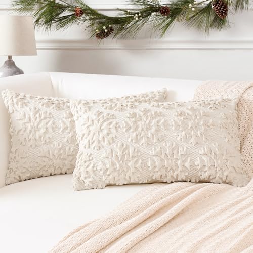 Artscope 2er Set Wolle Kissenbezüge Weicher Plüsch Kurzer Wollsamt Dekokissenbezuge Weihnachten Sofakissen Europäische Kissenhülle für Sofa Schlafzimmer Schneeflocke Creme Beige, 40x60cm von Artscope