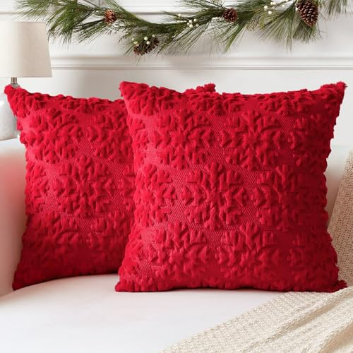 Artscope 2er Set Wolle Kissenbezüge Weicher Plüsch Kurzer Wollsamt Dekokissenbezuge Weihnachten Sofakissen Europäische Kissenhülle für Sofa Schlafzimmer Schneeflocke Rot, 40x40cm von Artscope