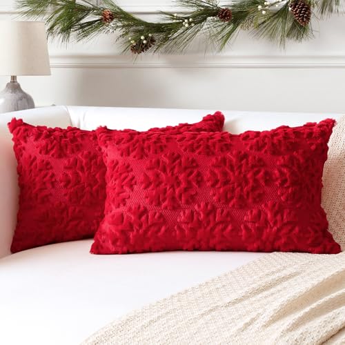 Artscope 2er Set Wolle Kissenbezüge Weicher Plüsch Kurzer Wollsamt Dekokissenbezuge Weihnachten Sofakissen Europäische Kissenhülle für Sofa Schlafzimmer Schneeflocke Rot, 40x60cm von Artscope