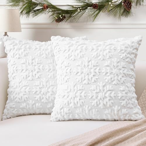 Artscope 2er Set Wolle Kissenbezüge Weicher Plüsch Kurzer Wollsamt Dekokissenbezuge Weihnachten Sofakissen Europäische Kissenhülle für Sofa Schlafzimmer Schneeflocke Weiß, 30x30cm von Artscope