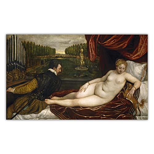 GemäLde Auf Leinwand Tiziano Vecellio"Venus with an Organist and a Dog"-Wandbilder Wohnzimmer Xxl-Moderne Wanddeko-Printed Paintings 30x51cm Rahmenlos von Artwork Grocery Store