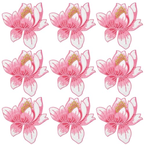 10 x rosa blühende Lotus-Stickerei-Applikationen für Kleidung, Rucksack, Reparatur, Verzierungen, Dekorationen von Arvintas