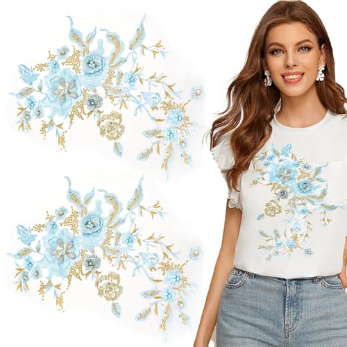 2 x blaue bunte Blumen-Applikationen mit Perlen, 3D-bestickter Blumen-Stoffaufnäher von Arvintas