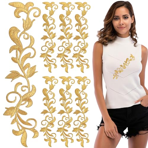 8 Stück Metallic Blätter bestickt Bügelbild Blume Ranke Bordüre Spitze Applikation langes Schnörkelmotiv (Gold) von Arvintas