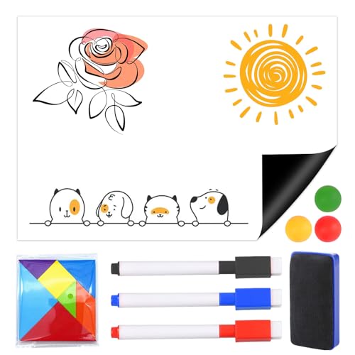 Asfrode Whiteboard Magnetisch Folie 60 x 40 cm, Selbstklebend Tafel Weiß Stark Abwischbare Magnet Whiteboard mit 3 x Whiteboard-Stifte + 6 x Magnetschnallen + Radiergummi für Kühlschrank Büro von Asfrode