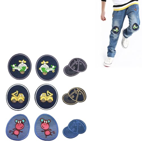 AsggBah 9 x Knie-Bügelflicken für Kinder, zum Aufnähen auf Ellenbogen, große Jeans, bestickte Flicken zum Aufbügeln, niedlicher Cartoon, dekorativer Reparaturflicken für DIY-Zubehör für Jeans, Jacken, von AsggBah