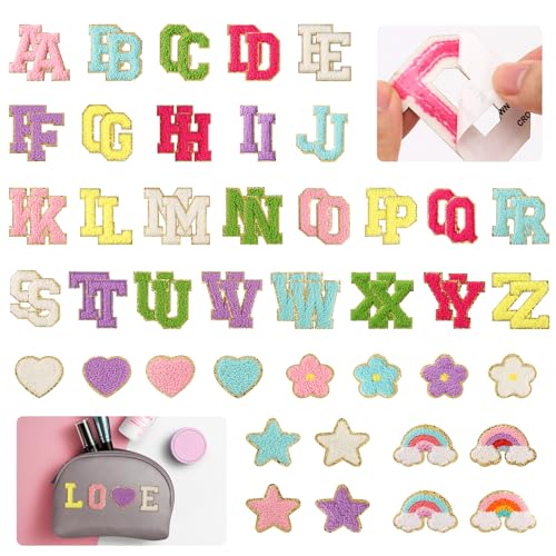 Asherxin 68pcs Selbstklebende Chenille Buchstaben Patches DIY A-Z Stick on Letter Patches & Cute Star Heart Cloud Flower Embroidered Applique Stickers for Clothing, Hats, Shoes, Bags, Backpack, von Asherxin