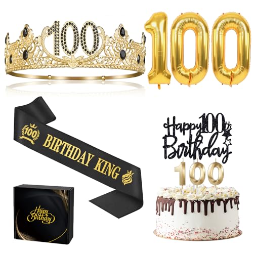 100 Geburtstag Geschenke für Männer, 100 Geburtstag Dekorationen für Männer, Party Decor Supplies einschließlich Königskrone & Schärpe & Luftballons & Cake Topper & Kerzen von Asija