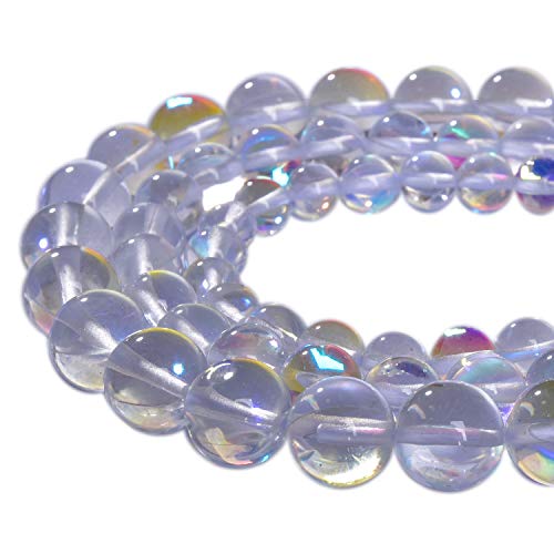 Asingeloo 48 Stück 8 mm weiße Engel Aura-Perlen, runde Edelstein-Perlen, polierte Meerjungfrauen-Aura-Mondstein-Perlen, glatte Steine, lose Perlen, Kristallquarz für DIY-Schmuckherstellung, 1 Strang von Asingeloo