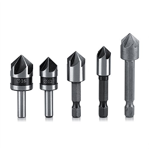 Kegelsenker Countersink Set, Asixx 5 Stück Sechskantschaft 5 Flöte Senker aus Schnellarbeitsstahl zum Bohren, Anfasen, Entgraten und Senken für Glas, Eisenplatte Stahlplatte usw von Asixx