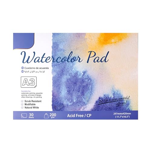 Aquarellpapierblock, 200g 30 Blatt Aquarellpapier Baumwolle Aquarell Skizzenbuch tragbares Künstlerpapier, mittelgrobkörniges Baumwollpapier für Kinder, Künstler, Profis (SC06-A3) von Asixxsix