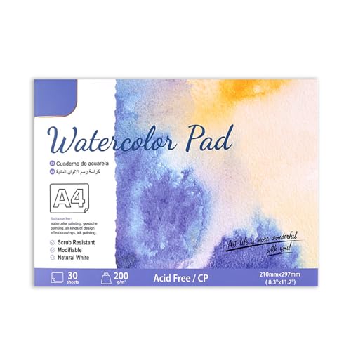 Aquarellpapierblock, 200g 30 Blatt Aquarellpapier Baumwolle Aquarell Skizzenbuch tragbares Künstlerpapier, mittelgrobkörniges Baumwollpapier für Kinder, Künstler, Profis (SC06-A4) von Asixxsix