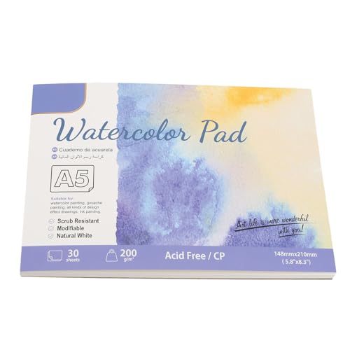 Aquarellpapierblock, 200g 30 Blatt Aquarellpapier Baumwolle Aquarell Skizzenbuch tragbares Künstlerpapier, mittelgrobkörniges Baumwollpapier für Kinder, Künstler, Profis (SC06-A5) von Asixxsix