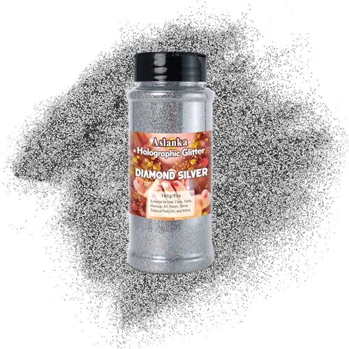 Aslanka 140g Holographische glitzerpulver, Diamant Silber Glitzerpuder Glitzer Pulver Glitter Bunte Irisierende für Nagelkunst, Epoxidharz, Lidschatten, Gesicht, Basteln, DIY von Aslanka