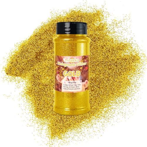 Aslanka 140g Holographische glitzerpulver, Gold Glitzerpuder Glitzer Pulver Glitter Bunte Irisierende für Nagelkunst, Epoxidharz, Lidschatten, Gesicht, Basteln, DIY von Aslanka