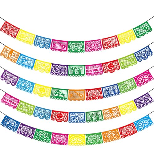 Asoulin Mexikanische Partybanner – 5 Stück Fiesta mexikanische PartyDekorationen Dia De Los Muertos Dekorationen Kunststoff Papel Picado Banner – 5 verschiedene Designs von Asoulin