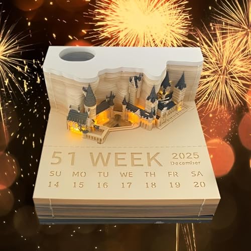 Time Piece Kalender 2025, Schreibtischkalender mit LED-Lichtern, Schloss-Kalender, Notizblock, 3D-Kalender, Papierschnitzerei, Kunst, Notizblock, Abreißkalender für Weihnachten, Zuhause, Büro, von Asslye